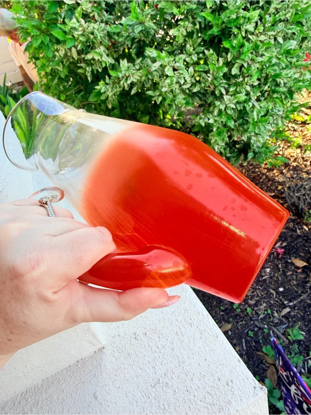 Vintage Orange Ombré Art Glass Pitcher Clear Applied Handle Wavy Rim